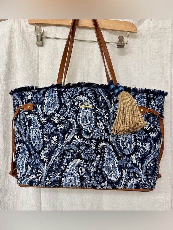 Spartina 449 Handbags - Spartina 449 Jetsetter Navy and Light Blue Paisley Embroidered Tote with Tassel